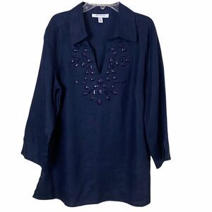 JM Collection Lined Dark Navy/Black Tunic Beaded Top Size 8